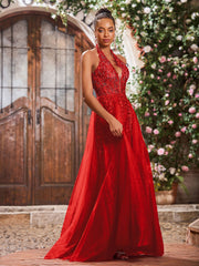 Deep V-neck Appliqued Corset Tulle Lace Maxi Prom Dresses Red