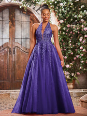 Deep V-neck Appliqued Corset Tulle Lace Maxi Prom Dresses Regency
