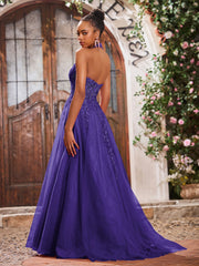 Deep V-neck Appliqued Corset Tulle Lace Maxi Prom Dresses Regency