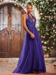 Deep V-neck Appliqued Corset Tulle Lace Maxi Prom Dresses Regency