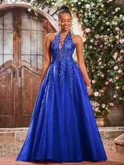 Deep V-neck Appliqued Corset Tulle Lace Maxi Prom Dresses Royal Blue