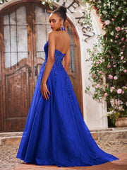 Deep V-neck Appliqued Corset Tulle Lace Maxi Prom Dresses Royal Blue