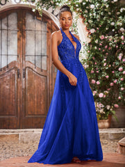 Deep V-neck Appliqued Corset Tulle Lace Maxi Prom Dresses Royal Blue