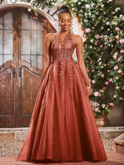 Deep V-neck Appliqued Corset Tulle Lace Maxi Prom Dresses Rust