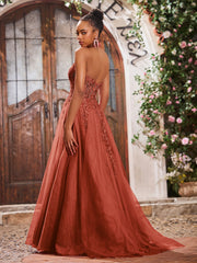 Deep V-neck Appliqued Corset Tulle Lace Maxi Prom Dresses Rust