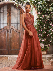 Deep V-neck Appliqued Corset Tulle Lace Maxi Prom Dresses Rust