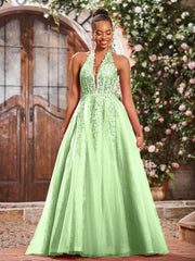 Deep V-neck Appliqued Corset Tulle Lace Maxi Prom Dresses Sage