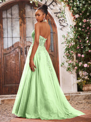 Deep V-neck Appliqued Corset Tulle Lace Maxi Prom Dresses Sage