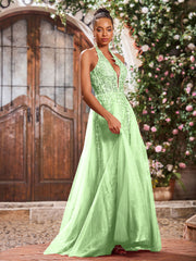 Deep V-neck Appliqued Corset Tulle Lace Maxi Prom Dresses Sage