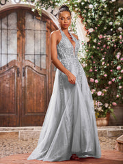 Deep V-neck Appliqued Corset Tulle Lace Maxi Prom Dresses Silver