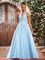 Deep V-neck Appliqued Corset Tulle Lace Maxi Prom Dresses Sky Blue