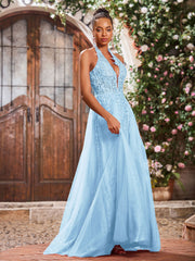Deep V-neck Appliqued Corset Tulle Lace Maxi Prom Dresses Sky Blue