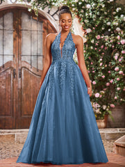 Deep V-neck Appliqued Corset Tulle Lace Maxi Prom Dresses Slate Blue