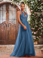 Deep V-neck Appliqued Corset Tulle Lace Maxi Prom Dresses Slate Blue