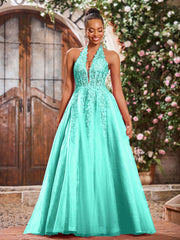 Deep V-neck Appliqued Corset Tulle Lace Maxi Prom Dresses Spa