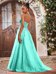 Deep V-neck Appliqued Corset Tulle Lace Maxi Prom Dresses Spa