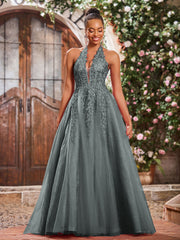 Deep V-neck Appliqued Corset Tulle Lace Maxi Prom Dresses Steel Grey