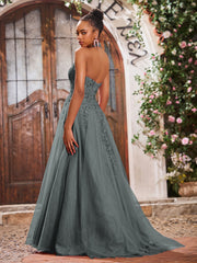 Deep V-neck Appliqued Corset Tulle Lace Maxi Prom Dresses Steel Grey