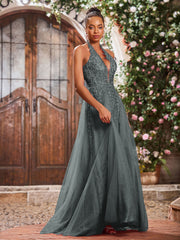 Deep V-neck Appliqued Corset Tulle Lace Maxi Prom Dresses Steel Grey