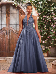 Deep V-neck Appliqued Corset Tulle Lace Maxi Prom Dresses Stormy