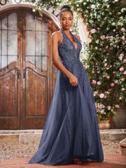 Deep V-neck Appliqued Corset Tulle Lace Maxi Prom Dresses Stormy