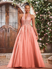 Deep V-neck Appliqued Corset Tulle Lace Maxi Prom Dresses Sunset