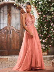 Deep V-neck Appliqued Corset Tulle Lace Maxi Prom Dresses Sunset