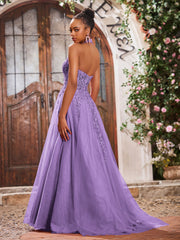 Deep V-neck Appliqued Corset Tulle Lace Maxi Prom Dresses Tahiti