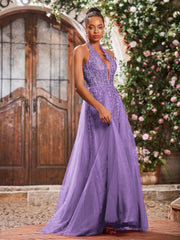 Deep V-neck Appliqued Corset Tulle Lace Maxi Prom Dresses Tahiti