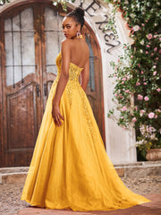 Deep V-neck Appliqued Corset Tulle Lace Maxi Prom Dresses Tangerine