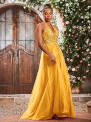 Deep V-neck Appliqued Corset Tulle Lace Maxi Prom Dresses Tangerine