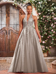Deep V-neck Appliqued Corset Tulle Lace Maxi Prom Dresses Taupe