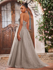 Deep V-neck Appliqued Corset Tulle Lace Maxi Prom Dresses Taupe
