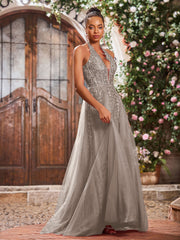 Deep V-neck Appliqued Corset Tulle Lace Maxi Prom Dresses Taupe