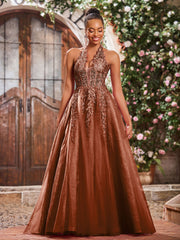 Deep V-neck Appliqued Corset Tulle Lace Maxi Prom Dresses Terracotta