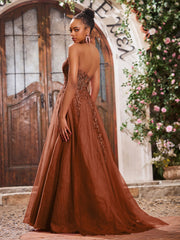Deep V-neck Appliqued Corset Tulle Lace Maxi Prom Dresses Terracotta