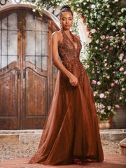 Deep V-neck Appliqued Corset Tulle Lace Maxi Prom Dresses Terracotta