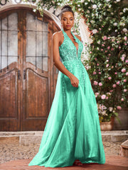 Deep V-neck Appliqued Corset Tulle Lace Maxi Prom Dresses Turquoise