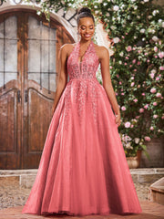 Deep V-neck Appliqued Corset Tulle Lace Maxi Prom Dresses Watermelon