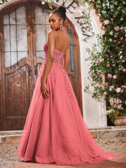Deep V-neck Appliqued Corset Tulle Lace Maxi Prom Dresses Watermelon