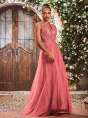 Deep V-neck Appliqued Corset Tulle Lace Maxi Prom Dresses Watermelon