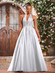 Deep V-neck Appliqued Corset Tulle Lace Maxi Prom Dresses White