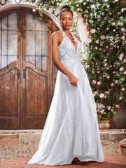 Deep V-neck Appliqued Corset Tulle Lace Maxi Prom Dresses White