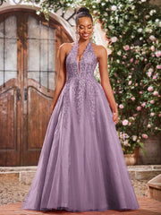Deep V-neck Appliqued Corset Tulle Lace Maxi Prom Dresses Wisteria