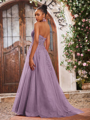 Deep V-neck Appliqued Corset Tulle Lace Maxi Prom Dresses Wisteria