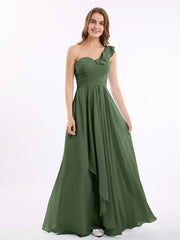 Long Chiffon Dress with One Ruffle Shoulder Olive Green