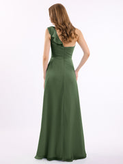 Long Chiffon Dress with One Ruffle Shoulder Olive Green