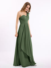 Long Chiffon Dress with One Ruffle Shoulder Olive Green