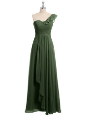 Long Chiffon Dress with One Ruffle Shoulder Olive Green