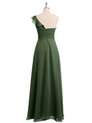 Long Chiffon Dress with One Ruffle Shoulder Olive Green